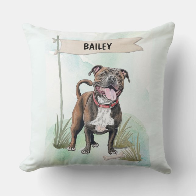Staffordshire Bull Terrier Watercolor Personalized Kussen (Voorkant)
