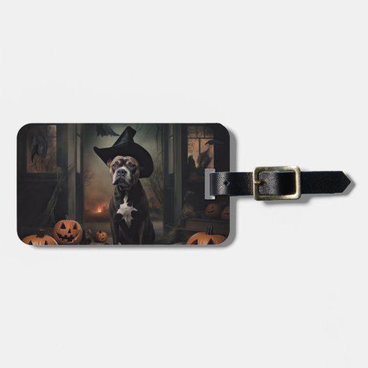 Staffordshire Terrier Pumpkins Halloween Scary Bagagelabel (Voorkant horizontaal)