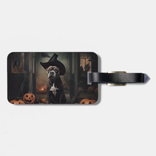 Staffordshire Terrier Pumpkins Halloween Scary Bagagelabel (Achterkant horizontaal)