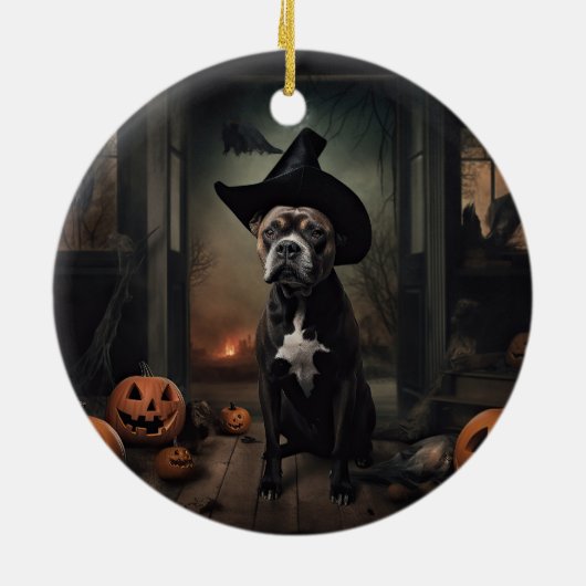 Staffordshire Terrier Pumpkins Halloween Scary Keramisch Ornament (Achterkant)