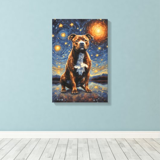 Staffy Dog "Sterrennachten" Canvas Afdruk (Insitu (Houten vloer))