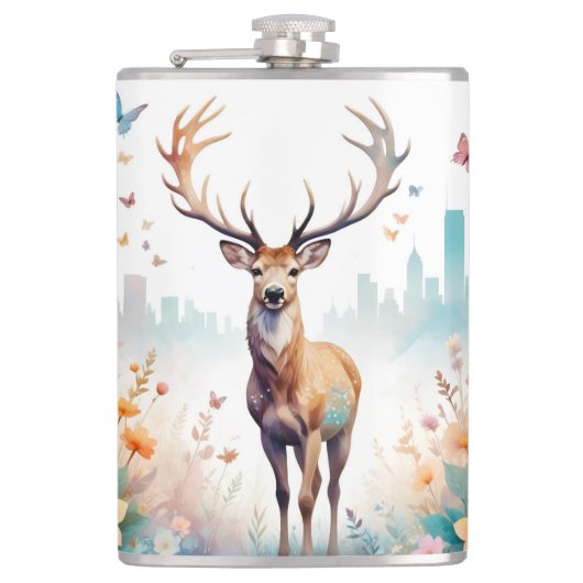 Stag  Animal Natuur Forest Flowers Art Heupfles (Voorkant)