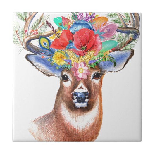Stag Deer Antler Wildflower Floral Painting Tegeltje (Voorkant)