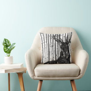 Stag Deer Linen Texture Birch Tree Pillow Kussen