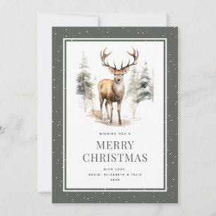 Stag Deer Snowy Waterverf Green Merry Christmas Feestdagenkaart