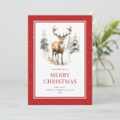 Stag Deer Snowy Waterverf Red Merry Christmas Feestdagenkaart (Staand voorkant)