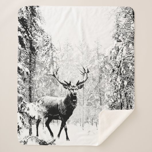 Stag Deer Wildlife Snow Forest Sherpa Deken (Voorkant)