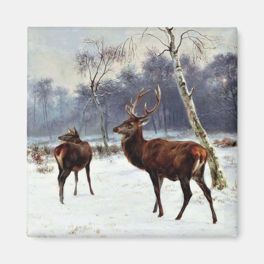 Stag en Doe in een Sneeuwlandschap Magneet (Voorkant)