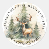 Stag en kerstbomen waterverf familienaam ronde sticker (Voorkant)
