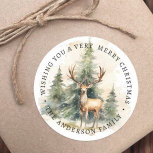 Stag en kerstbomen waterverf familienaam ronde sticker