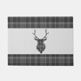 Stag Head Antler Rustic Grey Tartan Pattern Deurmat