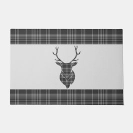 Stag Head Antler Rustic Grey Tartan Pattern Deurmat