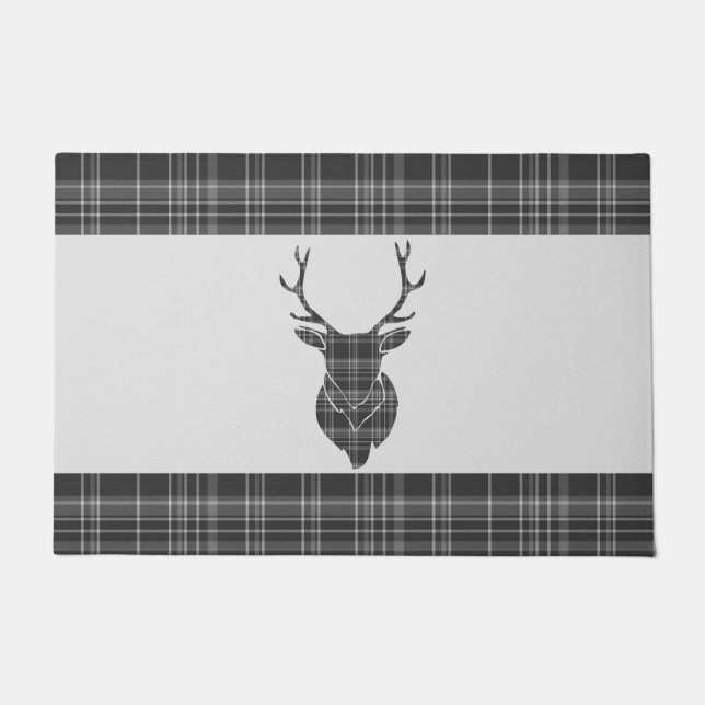 Stag Head Antler Rustic Grey Tartan Pattern Deurmat (Voorkant)
