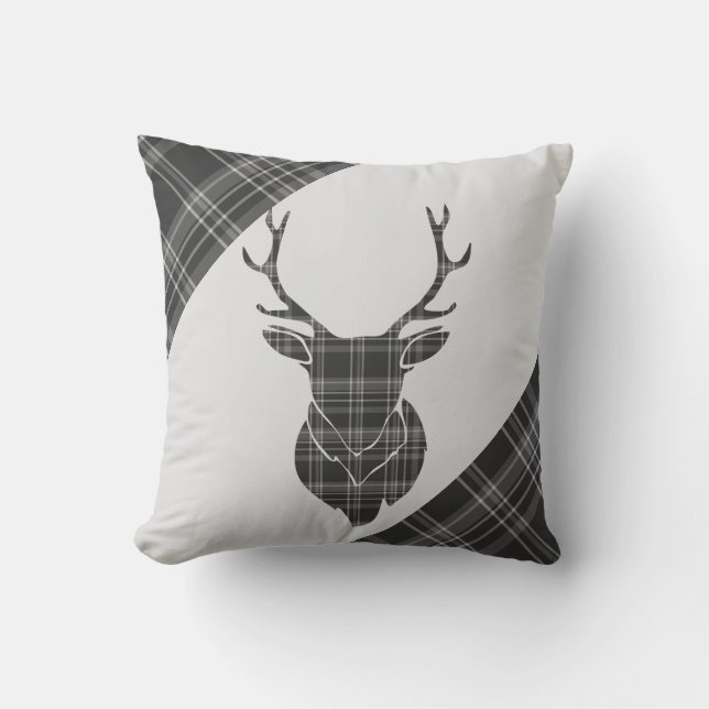 Stag Head en Grey Tartan Patroon Kussen (Voorkant)