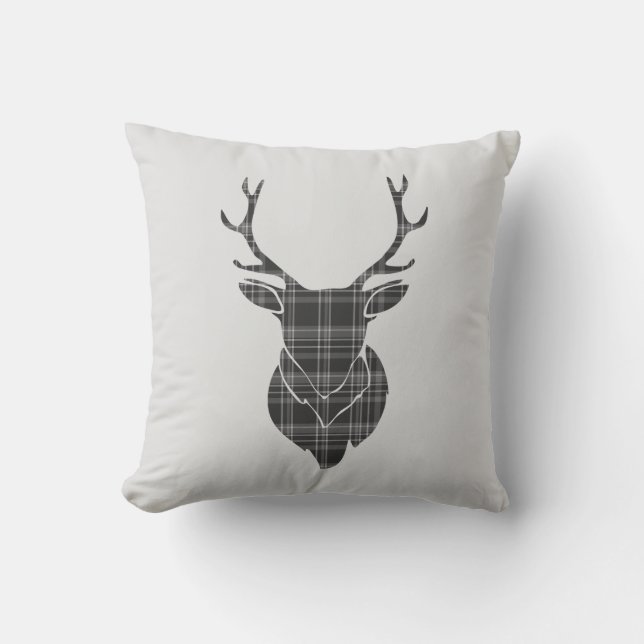 Stag Head en Grey Tartan Patroon Kussen (Voorkant)