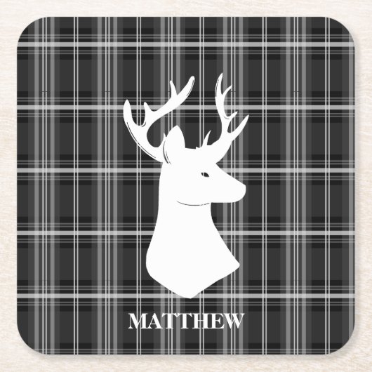 Stag Head op zwart-wit plaid Kartonnen Onderzetters (Voorkant)
