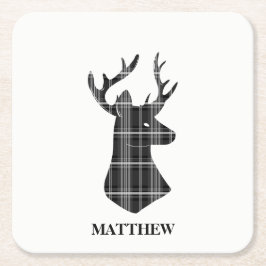 Stag Head op zwart-wit plaid Kartonnen Onderzetters