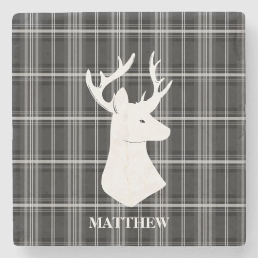 Stag Head op zwart-wit plaid Stenen Onderzetter (Voorkant)