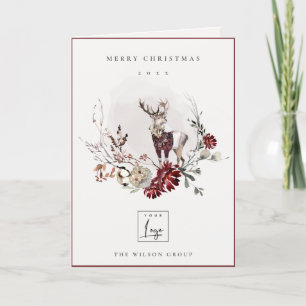 Stag Marsala Foliage Wreath Merry Logo Feestdagen Kaart