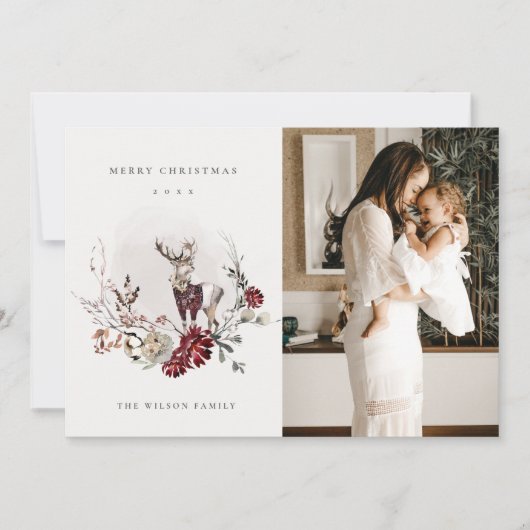 Stag Marsala Foliage WreatPhoto Merry Kerstmis Feestdagenkaart (Voorkant)