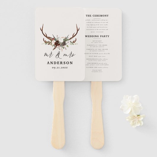Stag rustic botanical bruiloft mr. and mrs script handwaaier (Voorkant en achterkant)