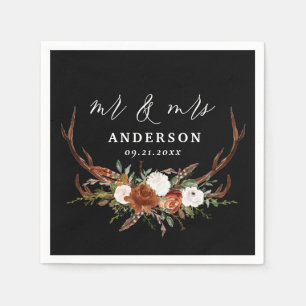 Stag rustic botanical bruiloft mr. en mrs script n servet
