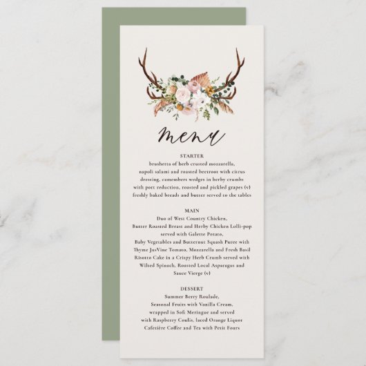 stag sage green bruiloft menu elegant florroze (Voorkant / Achterkant)
