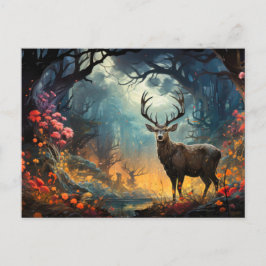 Stag staande in bos Wildflower Meadow Briefkaart