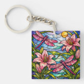 Stain Glass Lilies and Dragonflies Pink Sleutelhanger (voorkant)