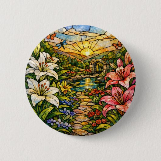 Stain Glass Lilies and Sunshine Ronde Button 5,7 Cm (Voorkant)