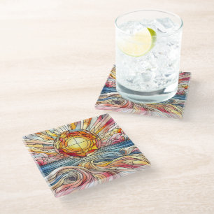 Stain Glass Sunset Ocean Glazen Onderzetter