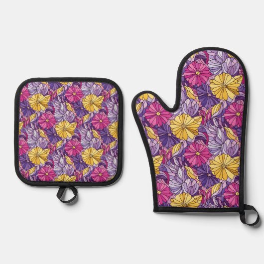 Stained Glass Abstract Purple Yellow Pink Ovenwant & Pannenlap Set (Voorkant)