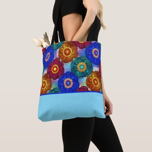 Stained Glass Abstract Red Green Blue Orange Tote Bag (Dichtbij)