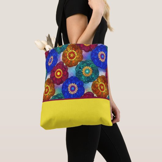 Stained Glass Abstract Red Green Blue Orange Tote Bag (Dichtbij)