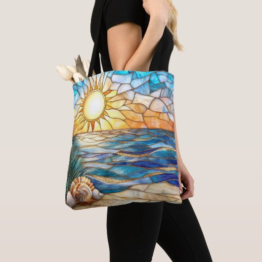 Stained Glass Beach Sunset Tote Bag (Dichtbij)