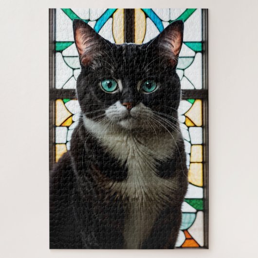 Stained Glass Black and White Cat Jigsaw Puzzle Legpuzzel (Verticaal)