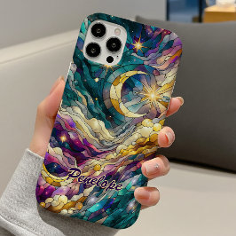 Stained glass blue green moon iPhone 16 hoesje