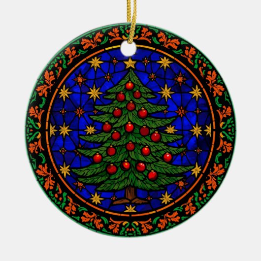 Stained Glass Blue Night Christmas Tree Keramisch Ornament (Voorkant)