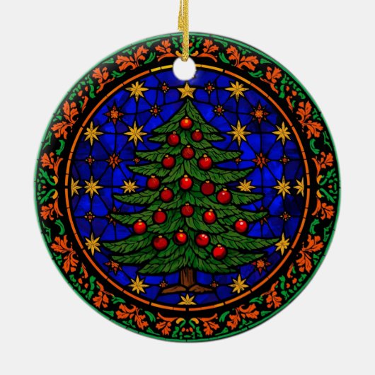 Stained Glass Blue Night Christmas Tree Keramisch Ornament (Achterkant)
