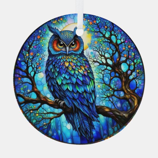 Stained-Glass Blue Owl Circular Glass Ornament (Achterkant)