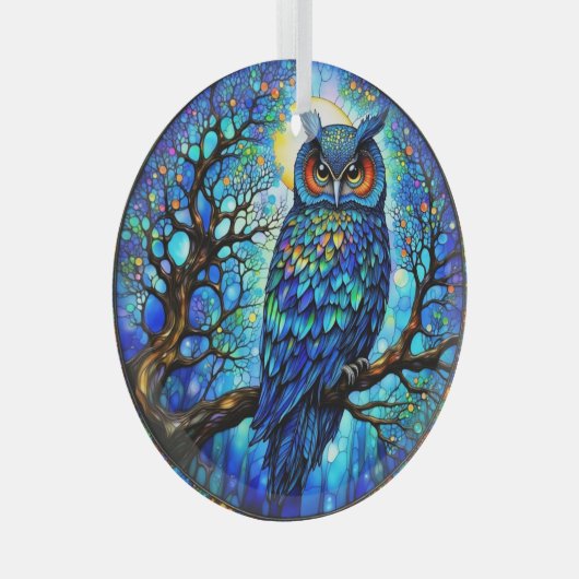 Stained-Glass Blue Owl Circular Glass Ornament (Voorkant Rechts)