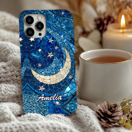 Stained glass blue silver moon  iPhone 16 hoesje