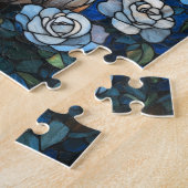 Stained Glass Bunny with White Roses – Jigsaw Puzz Legpuzzel (Zijkant)