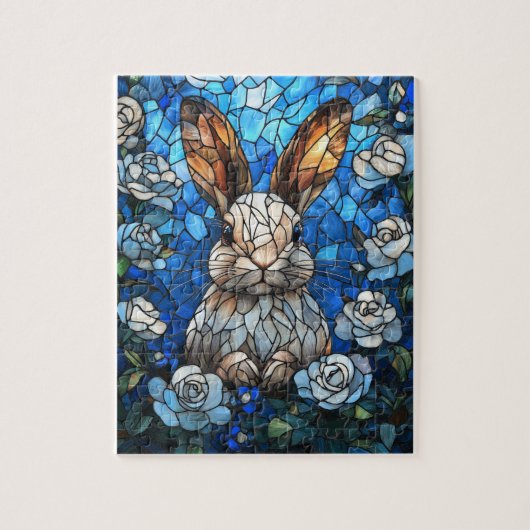 Stained Glass Bunny with White Roses – Jigsaw Puzz Legpuzzel (Verticaal)