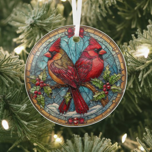 Stained Glass Cardinals on Holly Branch Glas Ornament (Insitu)