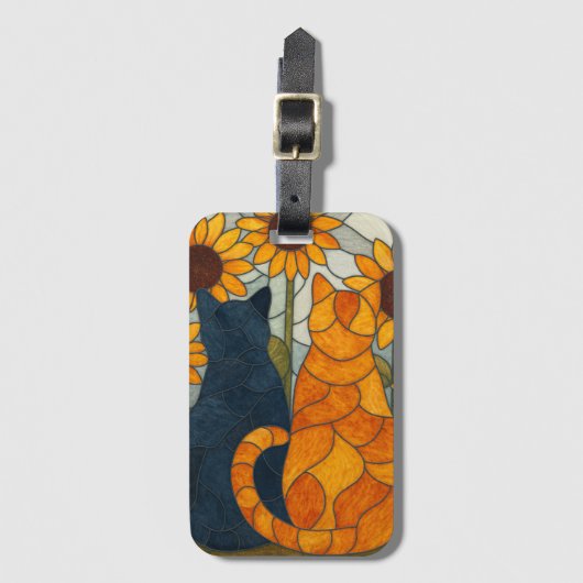 Stained Glass Cats and Sunflowers Art Design Bagagelabel (Voorkant (verticaal))