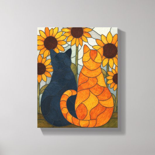 Stained Glass Cats and Sunflowers Art Design Canvas Afdruk (Voorkant)