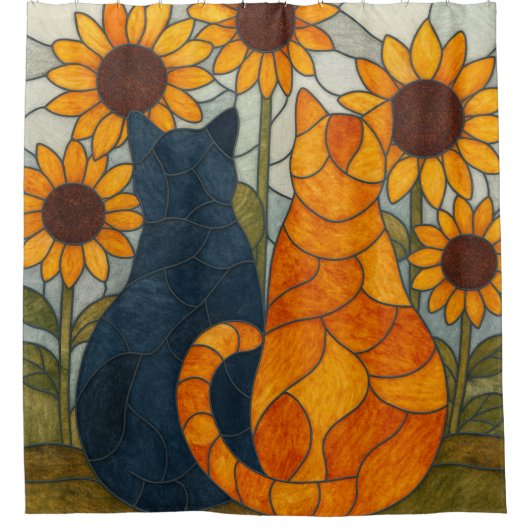 Stained Glass Cats and Sunflowers Art Design Douchegordijn (Voorkant)