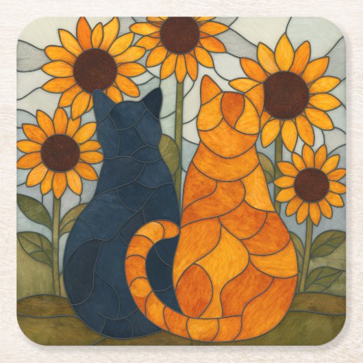 Stained Glass Cats and Sunflowers Art Design Kartonnen Onderzetters (Voorkant)