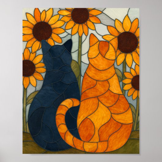 Stained Glass Cats and Sunflowers Art Design Poster (Voorkant)